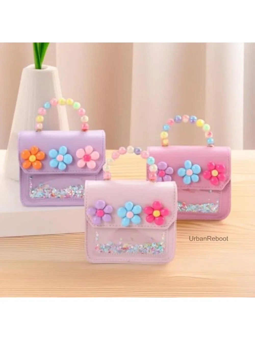 Girls Mini Purse with Flower Decor Sequin Crossbody Bag Beaded Handle